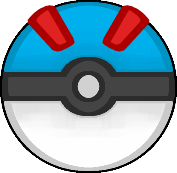 an item from Pokémon called a Pokéball. It is a sphere with a light blue top piece, a white bottom piece, and an light black middle stripe separating the bottom and top with an off-white button in the center. On the top piece has two stripes of red on either side of it.